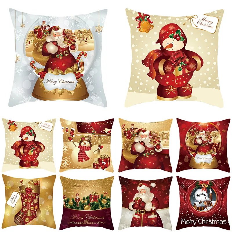 Funda de almohada dorada para decoración del hogar, cubierta de cojín de Papá Noel, árbol de Navidad, muñeco de nieve, 2024