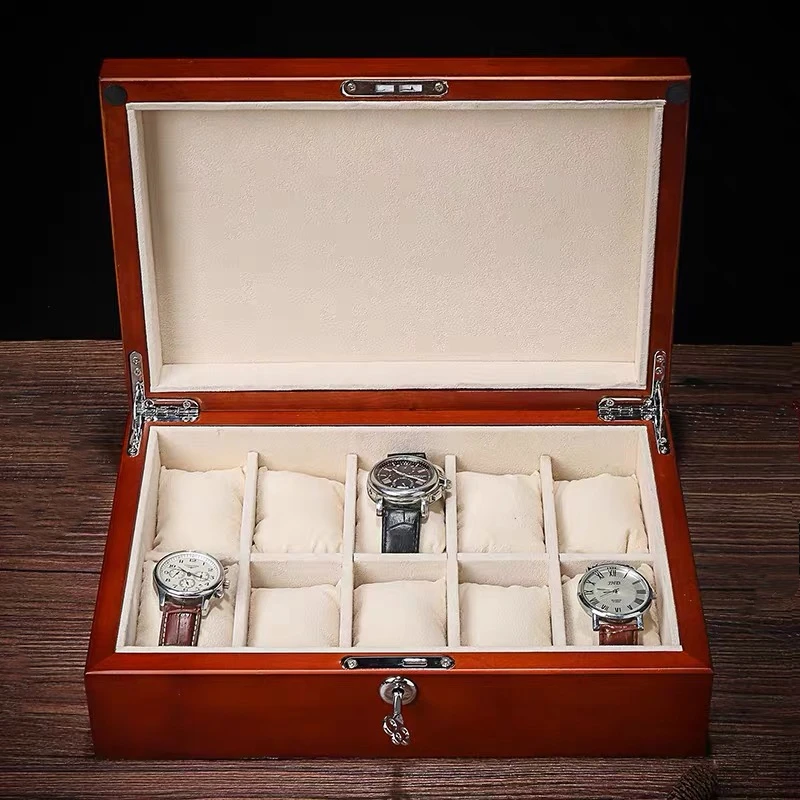 Top 10 Slots Wooden Watch Box Fashion Piano Red Watch Storage Case With Key Watch And Jewelry Gift Cases Men's Luxury Box