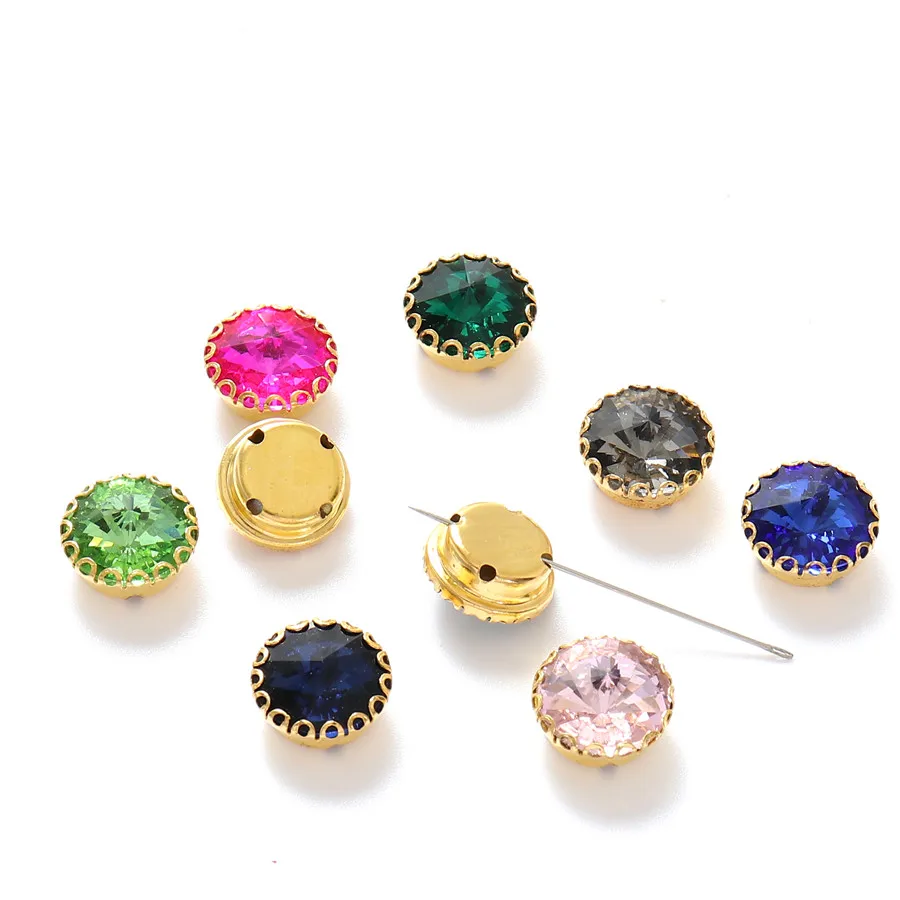 New 6 Sizes Round Shape Glass Sew On Gemstones With Golden Base Crystal Sewing Rhinestones for Clothes Shoes Needlework