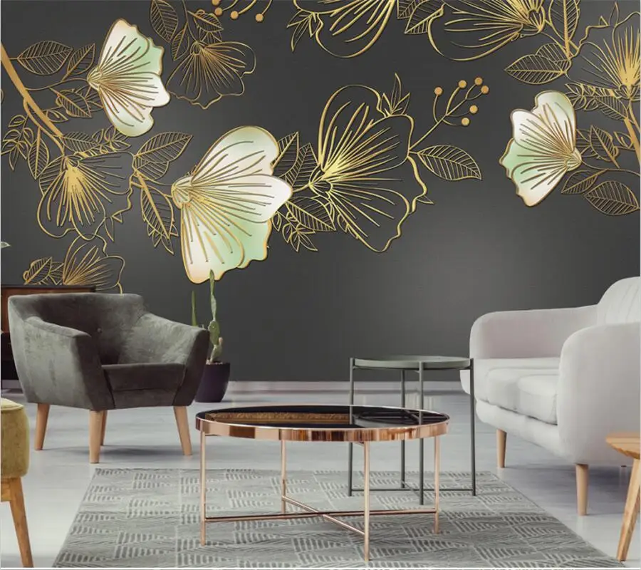 

wellyu Customized 3d mural modern light luxury golden embossed line flower nordic background living room background wallpaper