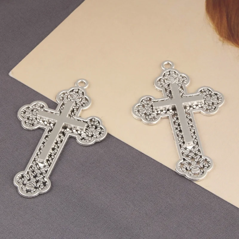 8pcs Silver Color 54x33mm Christian Cross Charms Church Prayer Pendant For DIY Handmade Punk Jewelry Making Accessorie