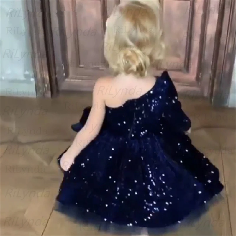 Kurze Mode Royal Blau Kinder Mädchen Elegante Blume Mädchen Kleid Prinzessin Partei Pageant Formal SequinsTulle 2-14 Y