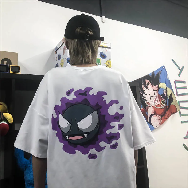 Harajuku High Street Tshirt Streetwear Men Summer Cute Amine T-shirt Casual Cartoon male tops Funny Black White Loose T Shirt