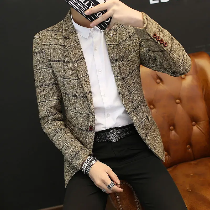 Nowa męska marynarka 2021 wiosna jesień ulica męska garnitur w kratę kurtka Casual marka biznesowa odzież męska marynarka Slim Masculino