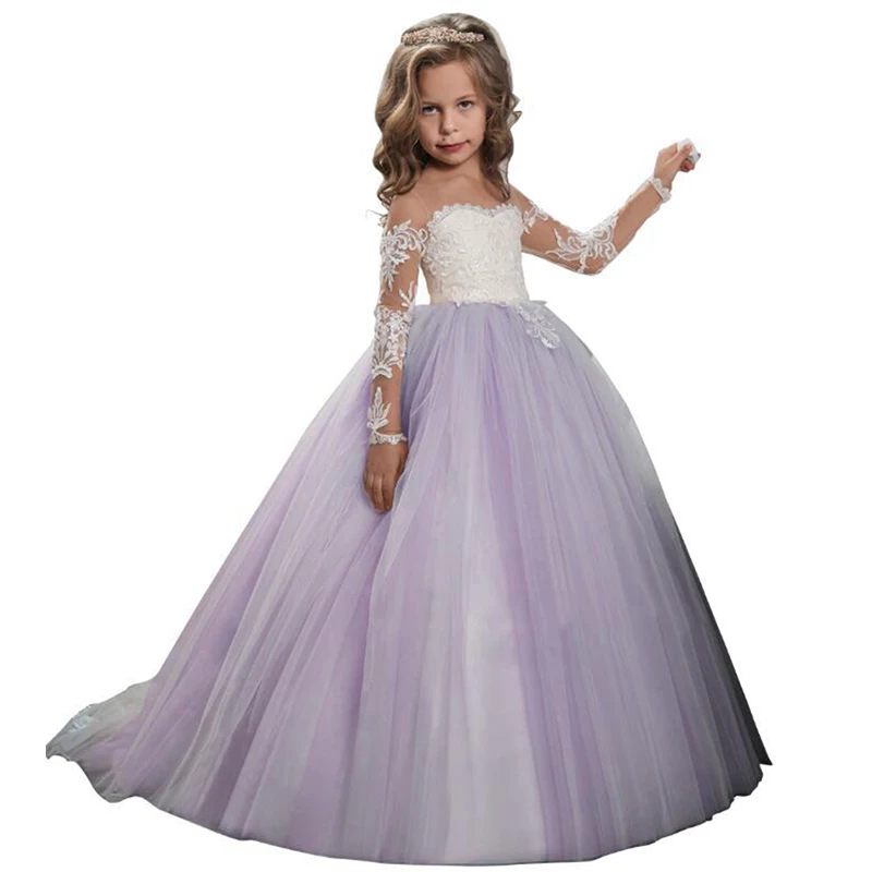 Transparent Lange Ärmeln Heiligen Kommunion Kleider Teen Kostüm kinder Kleidung Party Baby Blume Mädchen Ballkleid Prinzessin Kleid