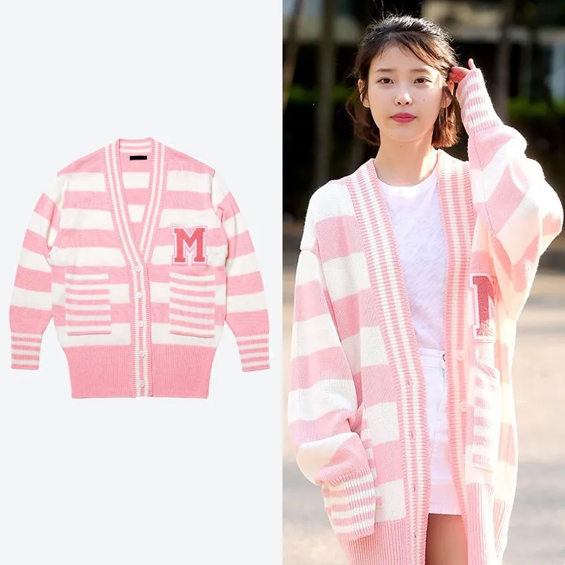 kpop Korean Singer Streetwear Pink long sweater coat female knit cardigan sweater women Korean winter warm loose V-neck sweater