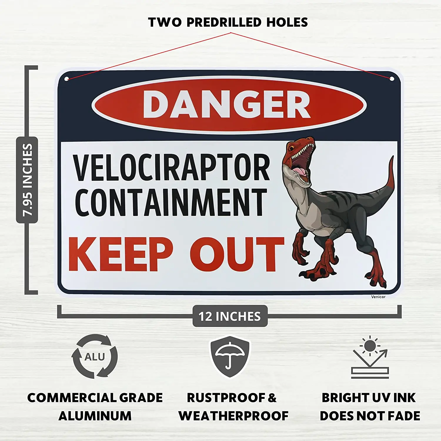 Venicor Velociraptor Dinosaur Sign - 8 x 12 Inches - Aluminum - Raptor Dinosaur Room Decor for Boys - Dinosaur Warning Bedroom