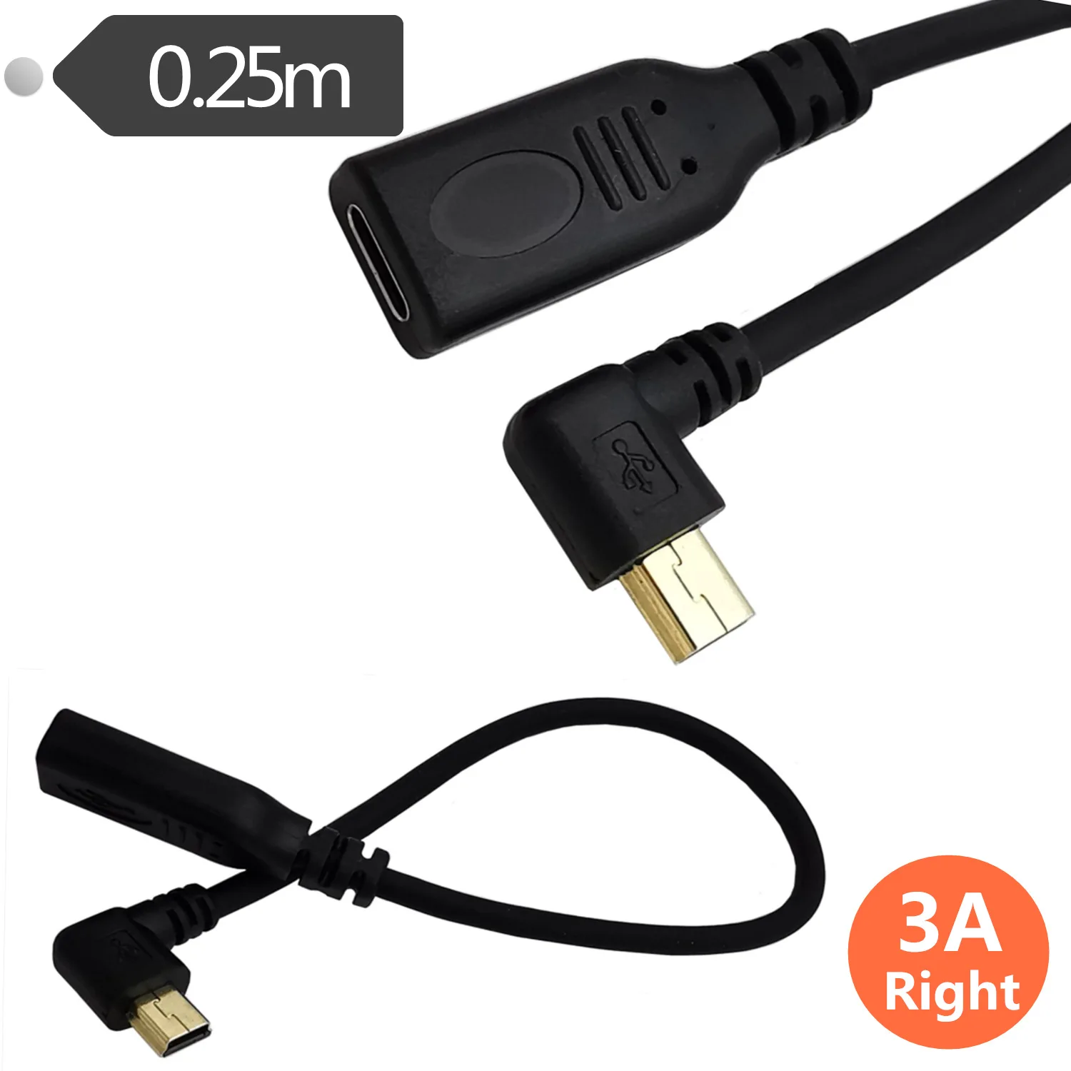 مطلية بالذهب 3A USB-C نوع C إلى USB صغير حتى أسفل اليمين الأيسر 90 درجة كابل USB-C أنثى إلى USB صغير كابل موصل ذكر 0.25 متر