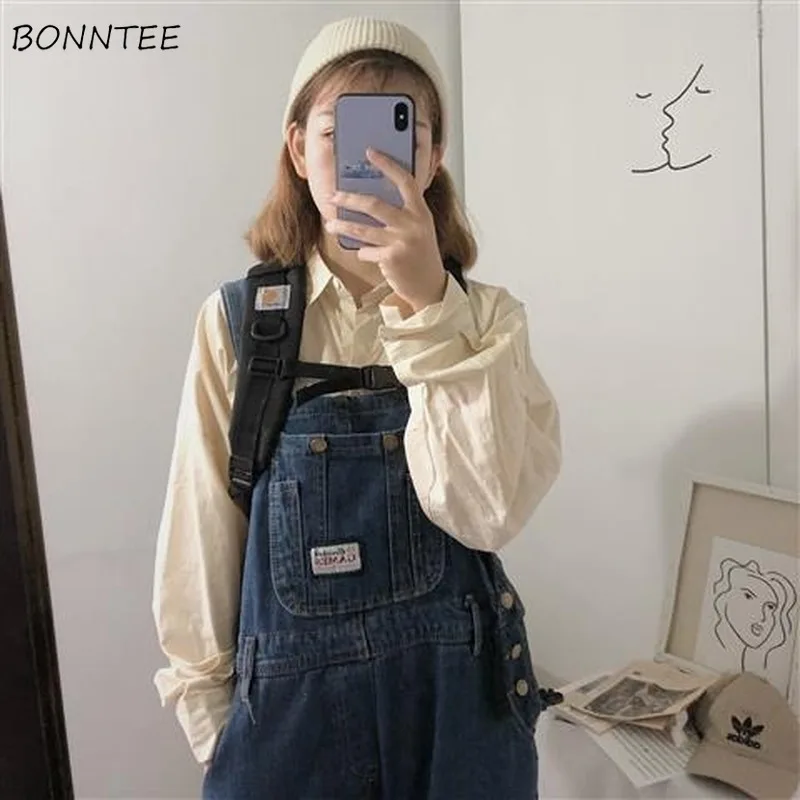 

Jumpsuits Women Leisure All-match Denim Solid Simple Pockets Streetwear Womens Loose Korean Style Chic Trendy Retro Daily Casual