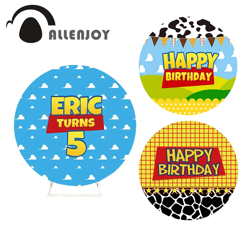 Allenjoy Clouds Decor Happy Birthday Round Backdrop Cover Cartoon Child Baby Shower Customize Background Photocall Circle Banner