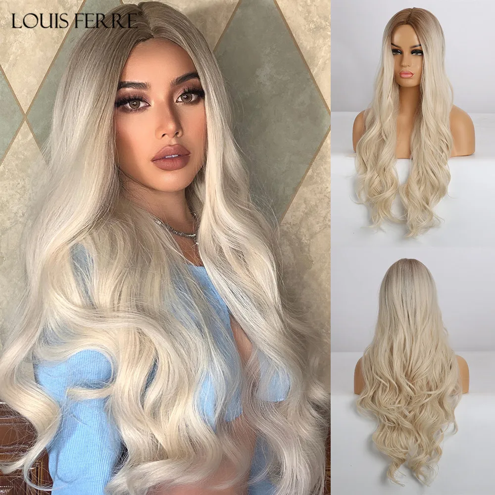 LOUIS FERRE długi Ombre brązowy jasny blond peruki syntetyczne środkowa część woda fala peruka do Cosplay dla czarnej kobiety żaroodporne włókno