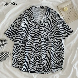 Zebra Stripes Shirts Women Design Retro All-match Hong Kong Style Button-up Short Sleeve Blouses Ulzzang Casual Baggy Tops Mujer