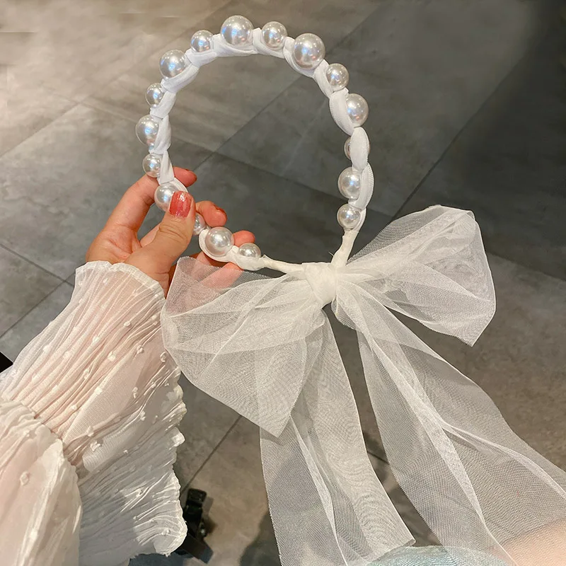 Lystrfac Korean Lace Pearl Bowtie Hairband for Women Girls Long Ribbon Streamer Headband Super Fairy Fashion Hair Accessories