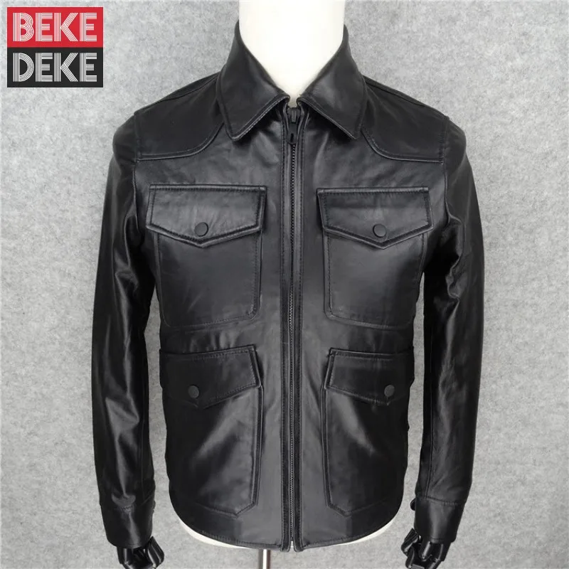 Business Genuine Sheepskin Leather Mens Jacket Luxury Designer Slim Turn-down Collar Male Coat Black Zip Veste Homme Plus Size