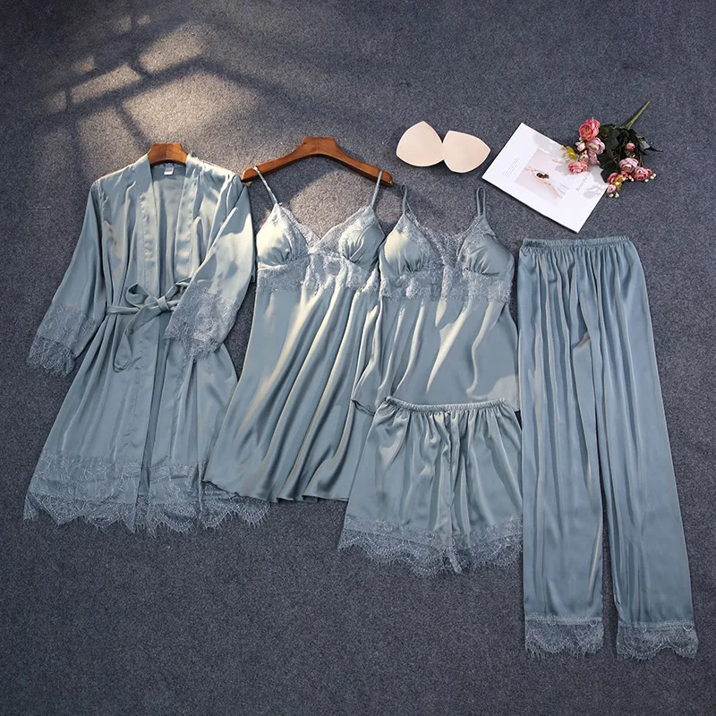 Conjuntos de pijamas de satén para mujer, ropa de dormir Sexy de encaje, camisones, traje de casa, XXL, 5 uds.