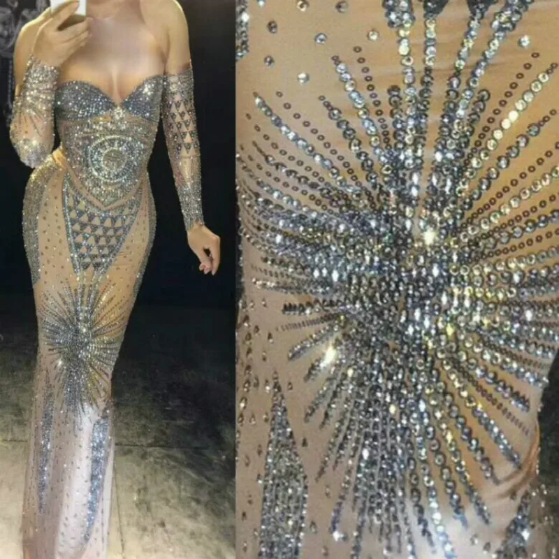 Rhinestones Nude Long Dress Sexy Nightclub Full Stones Sparkly Birthday Celebrate Dresses