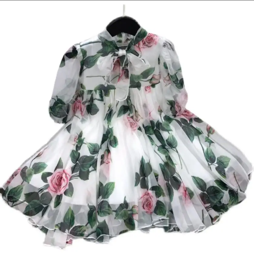 Baby girl fashion print dress spring summer new Flower party dress kids Birthday dress Rose Flower Chidlren Dress 2-14y wz153