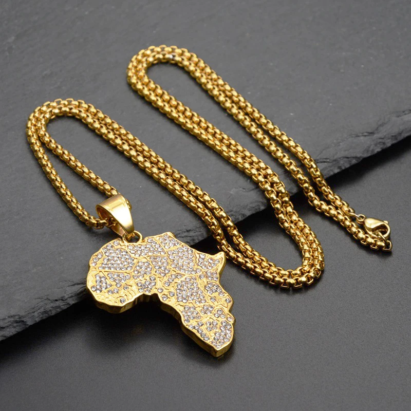 

Hip Hop Iced Out Bling Africa African Map Pendant Gold Color Stainless Steel Rapper Big Necklace for Men Hiphop Chain Jewelry
