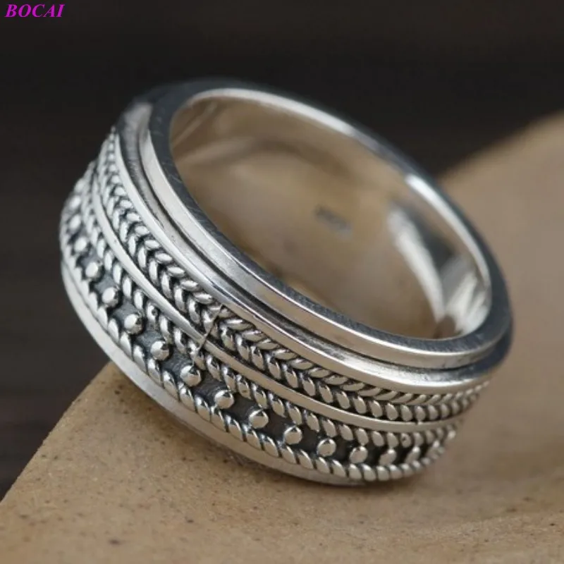 BOCAI S925 Sterling Silver Rings for Women Men New Fashion Wheat-Ear Pattern Rotatable Pure Argentum Jewelry Wholesale