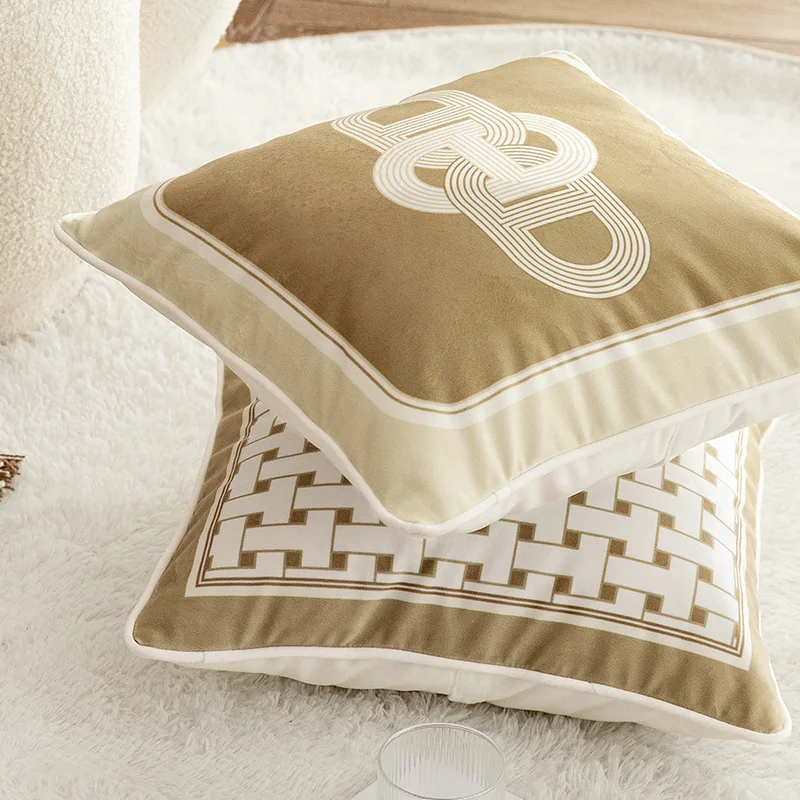 Euro Pillow Covers, Square Pillowcase, Lock Print, Soft Velvet Cushion Case for Bedroom, Outdoor Light Luxury, Beige, 18