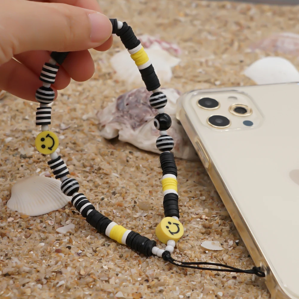 Go2Boho 2023 Newest Mobile Chain Phone Charm Beads Smile Face Evil Eye Telephone Jewelry For Women Heishi Polymer Clay Lanyard