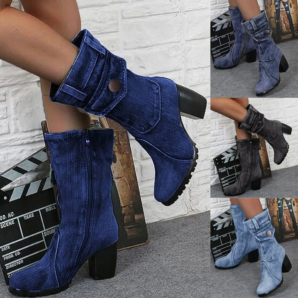 Blue jeans boots Women\'s Mid-rise Rome Solid Slip-On Chunky Med Heels Boots wild vintage Large Size Ladies shoes