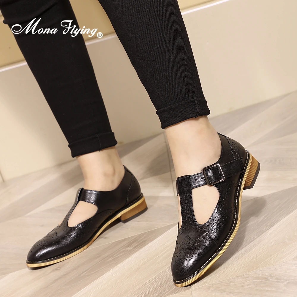 Mona Flying Womens Genuine Leather Mary Jane Loafers Pointed Toe Casual Flats Multicolor Buckle T Strap Shoes for L092-1