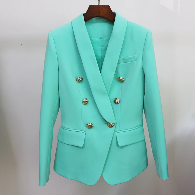 Yüksek kalite 2024 yeni moda tasarımcısı ceket kadın zarif Slim Fit çift göğüslü aslan düğmeleri cep şal yaka Blazer