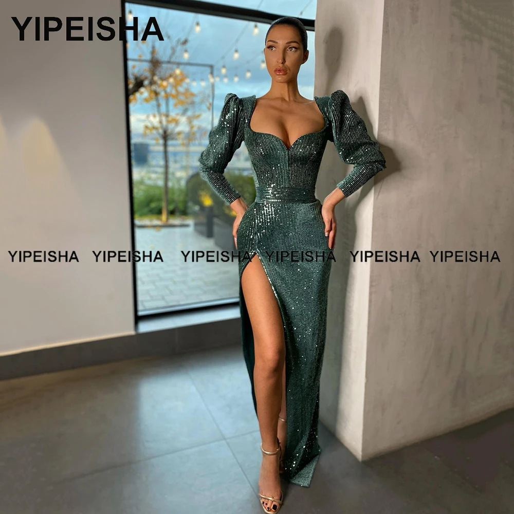 Yipeisha-Vestido de fiesta de lentejuelas de manga larga, traje de noche de sirena verde con abertura, Sexy, Formal, para boda