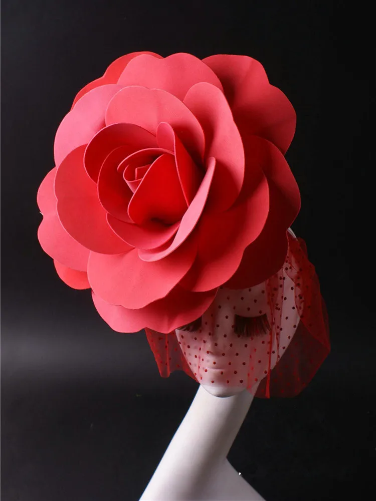 Big Rose Flower Headdress Black Red Veil Floral Headgear Festival Party Dance Singer Show Stage Accessories Performance Ornament