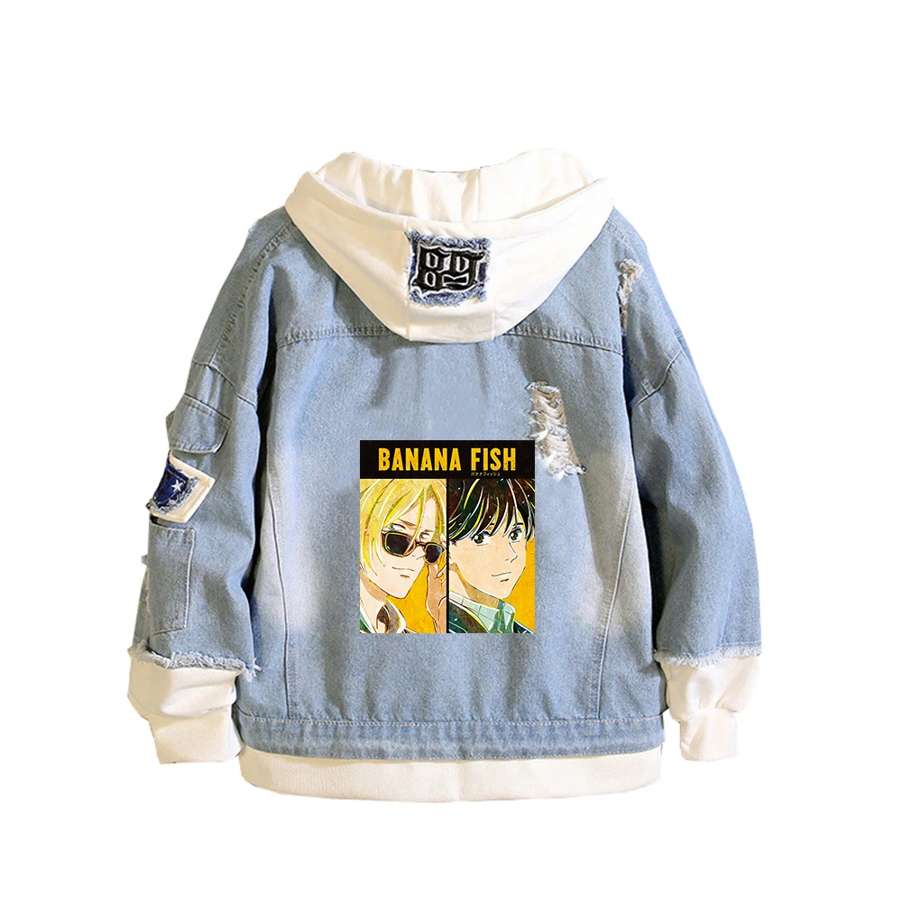 Banana Fish Painting Jeans Jacket  Ash Lynx Anime Denim Hoodies Harajuku Streetwear Long Sleeve Women Sweatshirt  Couple Costs view 2
