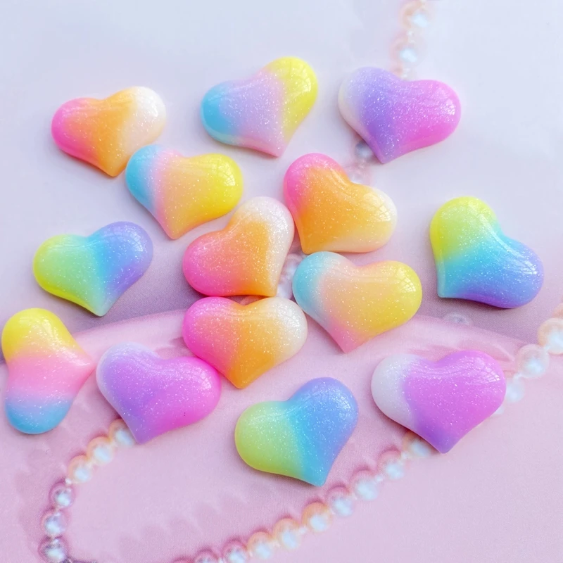 10Pcs Cute New Shiny Tricolor Heart Flatback Cabochon Scrapbook Kawaii DIY Embellishments Accessories F98