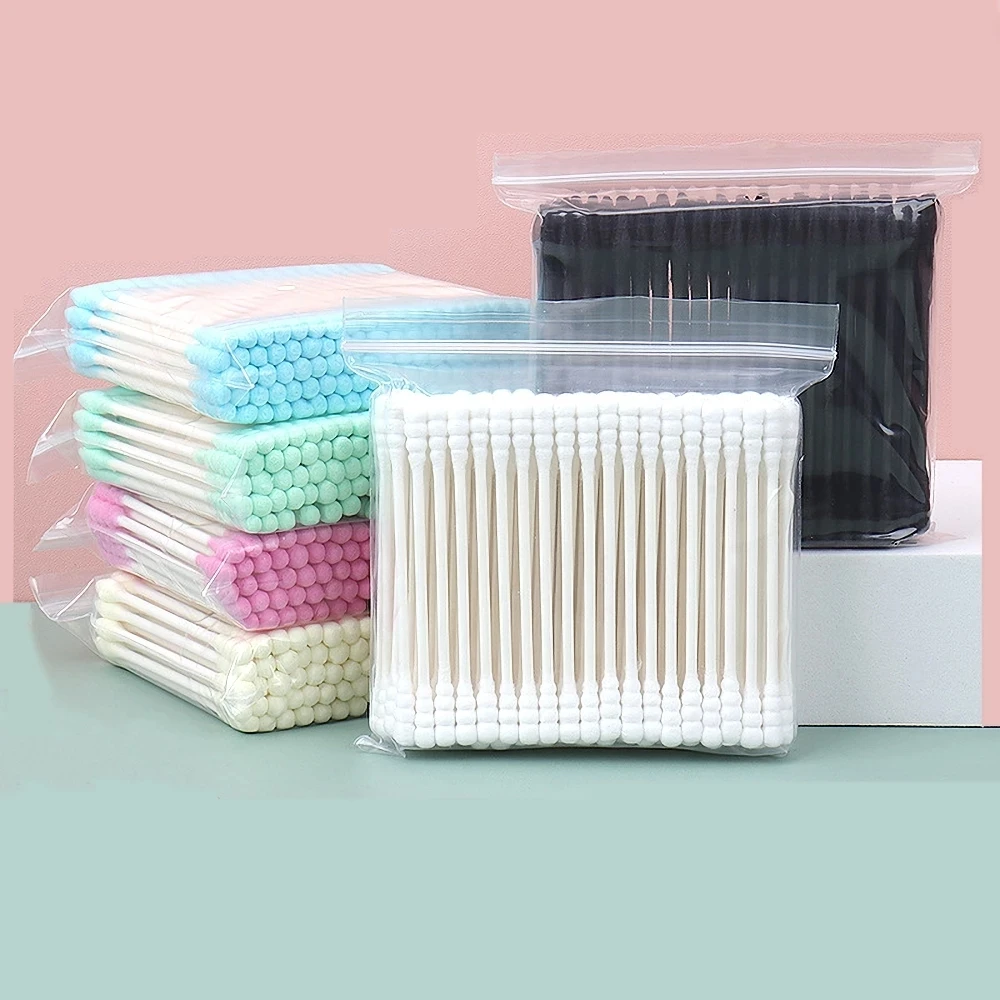 100PCS Disposable Colorful Paper Handle Cotton Swab Double Head Eyelashes Extension Cleaning Swab Makeup Clean Assist Supply