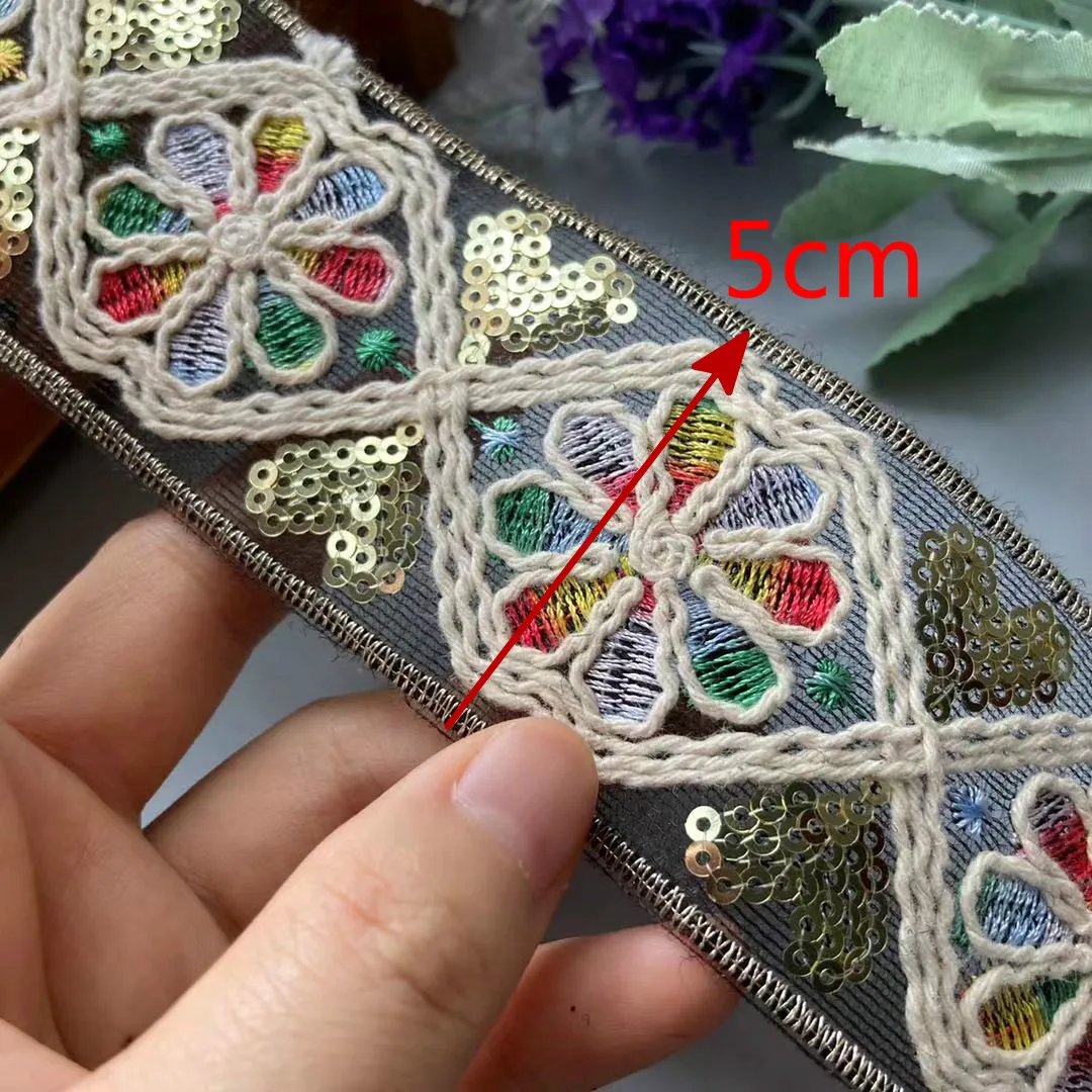 

1 Yards Lace Trims Ethnic Gold Multicolor 50mm Thread Sequins Webbing Ribbon Tape Shoes Dress Embroidered DIY Sewing Accessorie