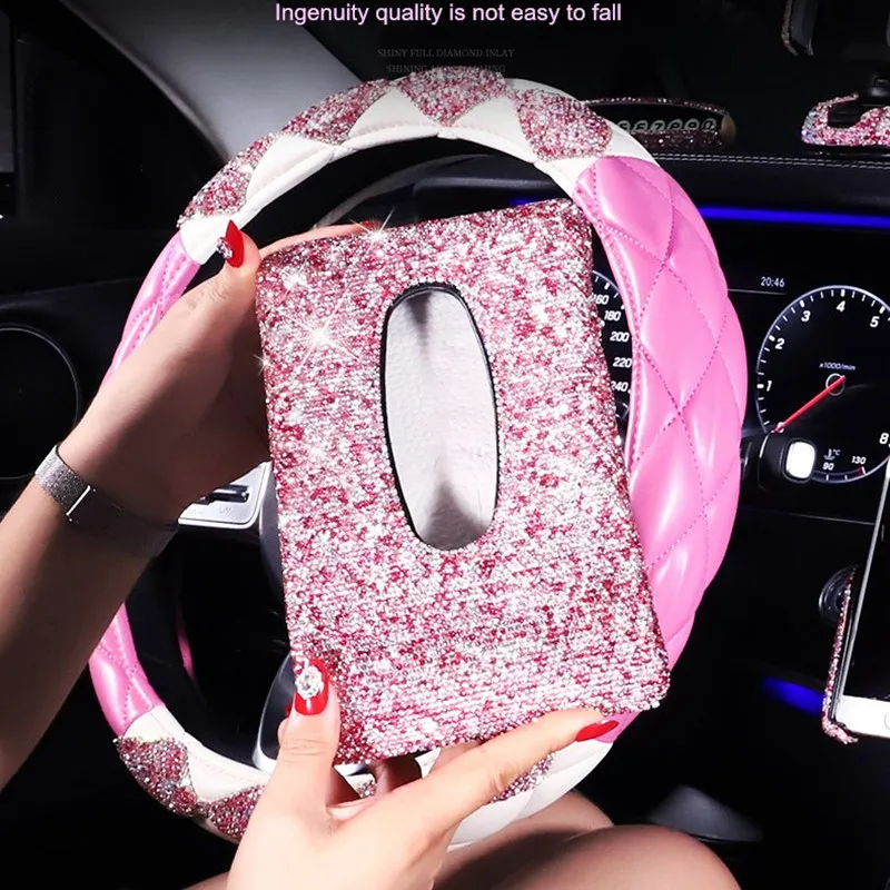 High End Fashion Women Car Diamond Storage Box Rear view Mirror Pendant Steering Wheel Cover Car Interior Decorations