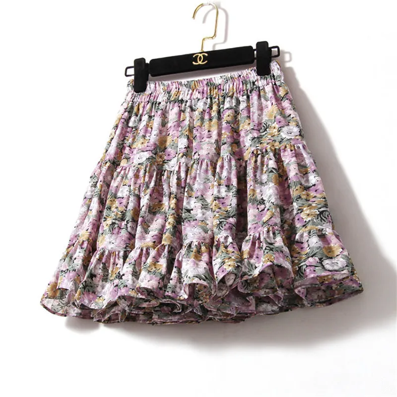 Summer Short Floral Skirt Chiffon Ruffles Tutu Skirt Women Mini Skirt Purple Black Pink Yellow Boho mujer faldas femme jupes