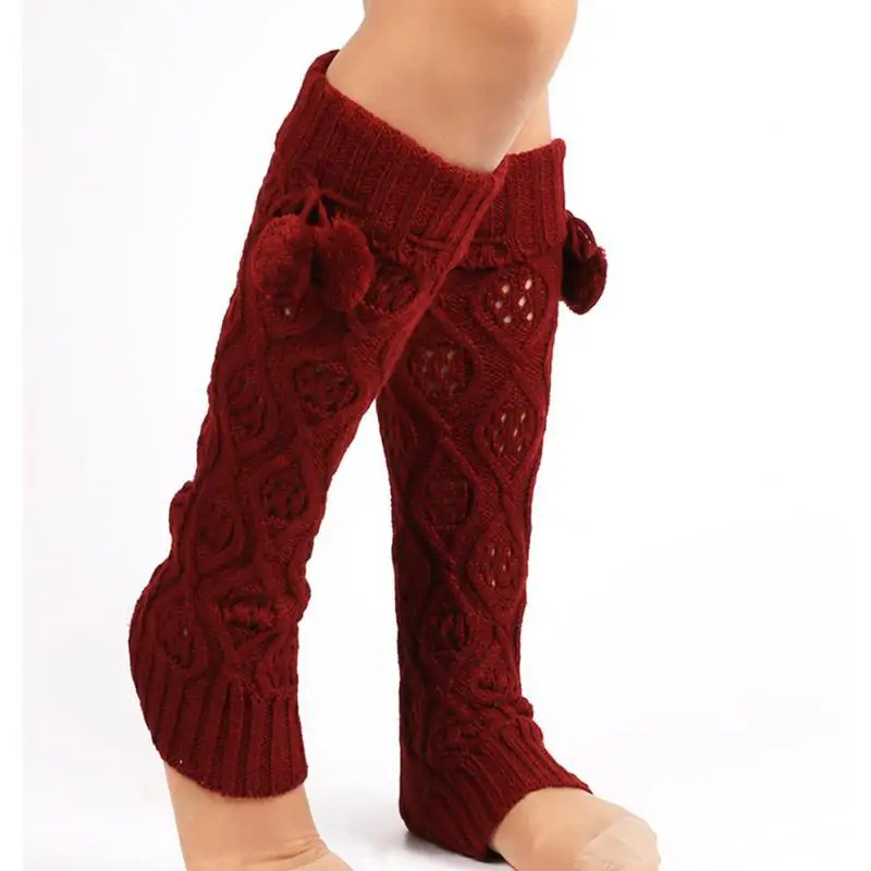 Mädchen Gestrickte Kneepad Warme Bein Wärmer Diamant Twisted Lange Fuß Abdeckung mit Ball Winter Boot Wärmer für Frauen