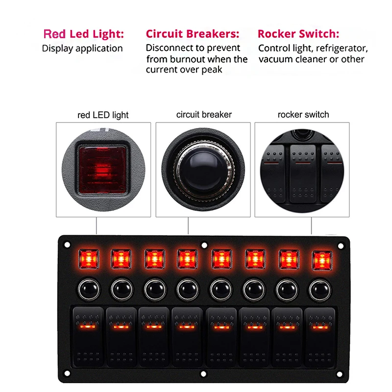 8 Gang Rocker Switch Panel For Jeep Boat Marine Car 12V 24V Waterproof On-Off 5pin 12v Led Panel Switch With Sticker Set