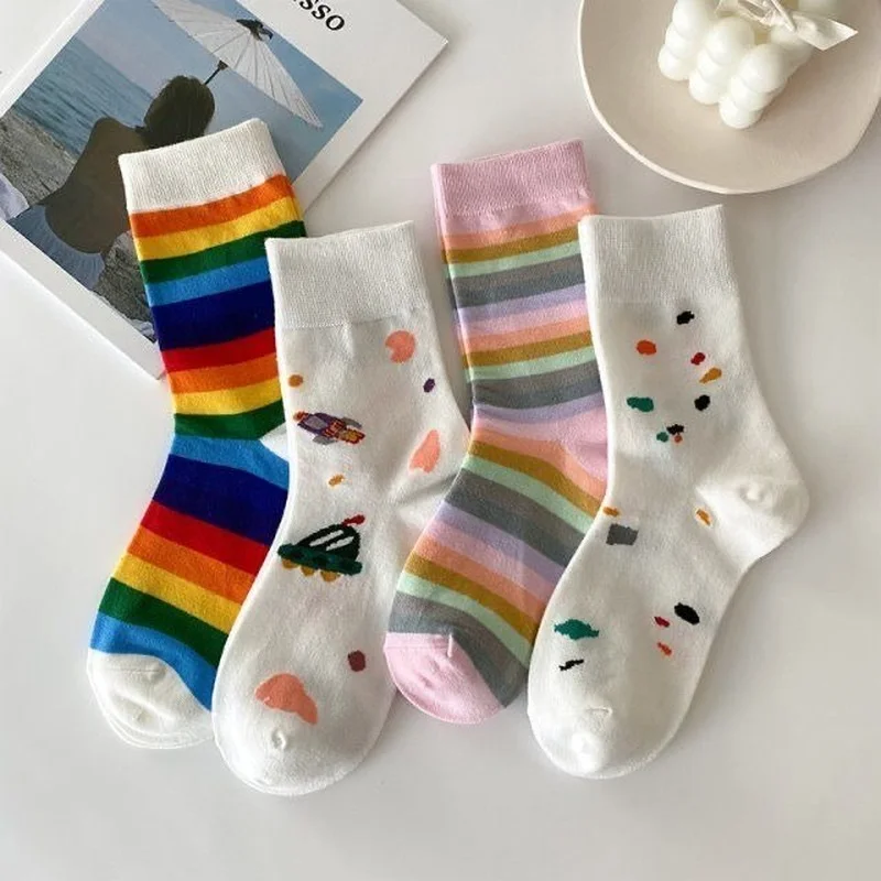 Socks Women Breathable Cute Cotton Ins Lady Soft High Elasticity Kawaii Casual Striped Fashion Daily Spring Middle Tube Harajuku