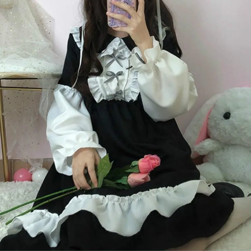 Vestido de lolita japonês fofo, lindo, kawaii, meninas, op, princesa, vintage, com babados, feminino, gótico, manga comprida, vestido de festa preto