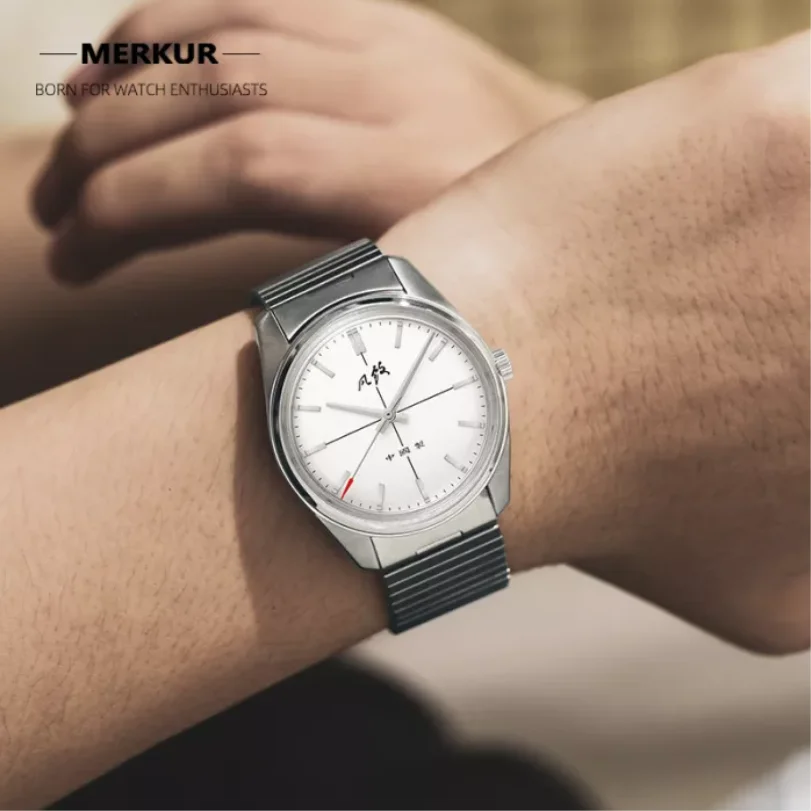 Merkur vintage estilo chinês 70s clássico linha cruzada dial arroz pulseira handwind relógio mecânico para homem relogio masculino