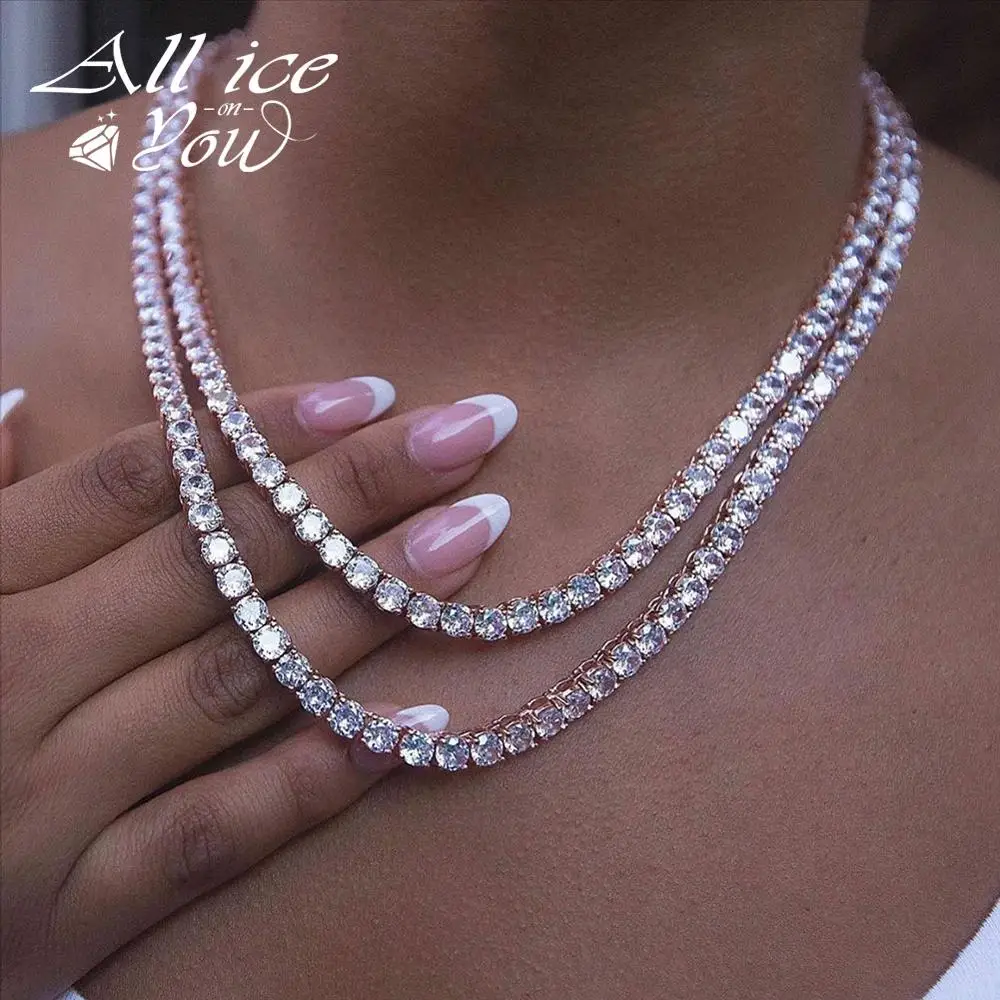 ALLICEONYOU Silver-Color Iced Out Chain Hip Hop Copper Micro Pave CZ Stone 4&5mm Hip Hop Tennis Chain Necklace Women Gift