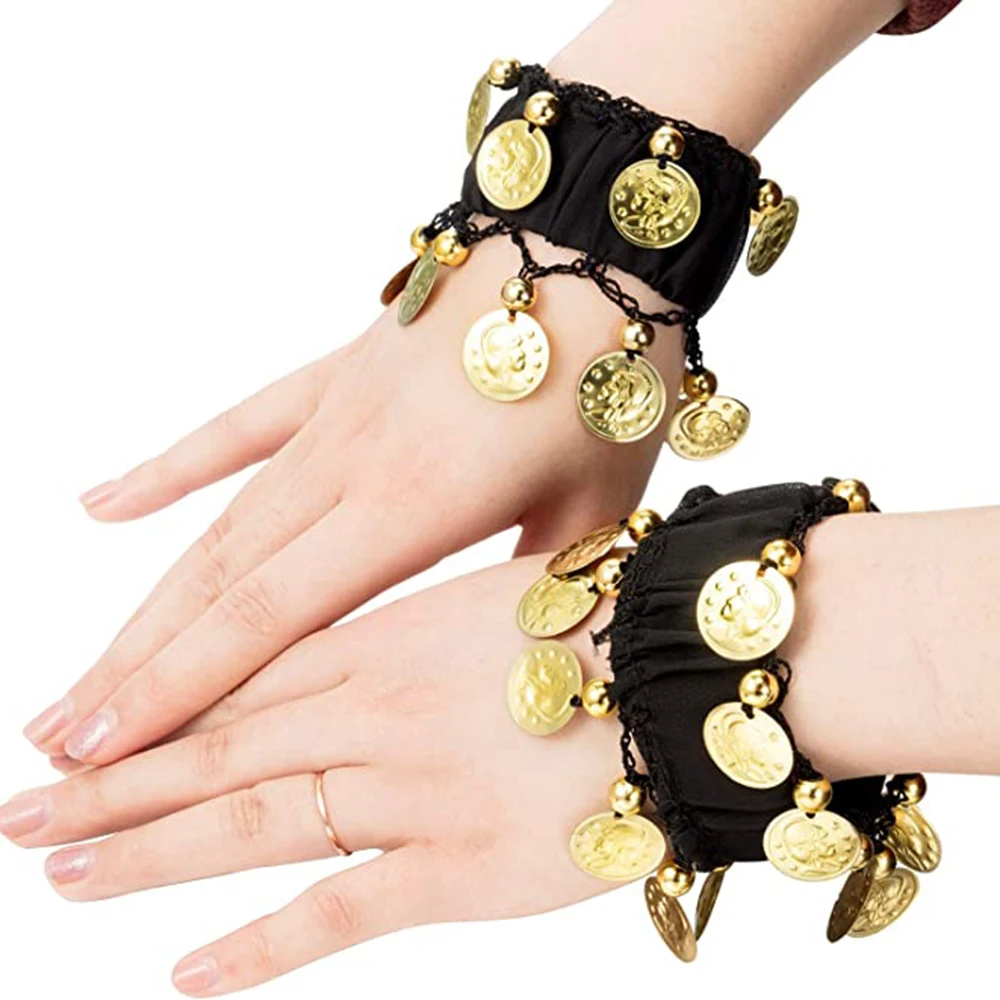 1 Pair Belly Dance Wrist Ankle Cuffs Bracelets Chiffon Gold Coin Belly Dance Costume Accessory Valentine\'s Day Gift Jewelry Girl