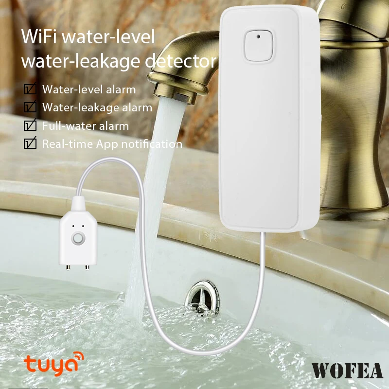 Wofea-Sensor de fugas de agua con Wifi, Detector de 80db, alarma, sonido, aplicación, aviso, funciona con Tuyasmart, Smartlife, batería baja, Alter