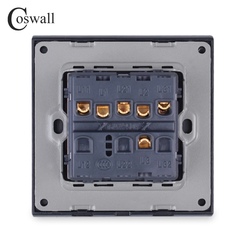 COSWALL Simple Style PC Panel 3 Gang 1 Way On / Off Wall Light Switch Rocker Switch White Black Grey Gold Color AC 12-250V 16A