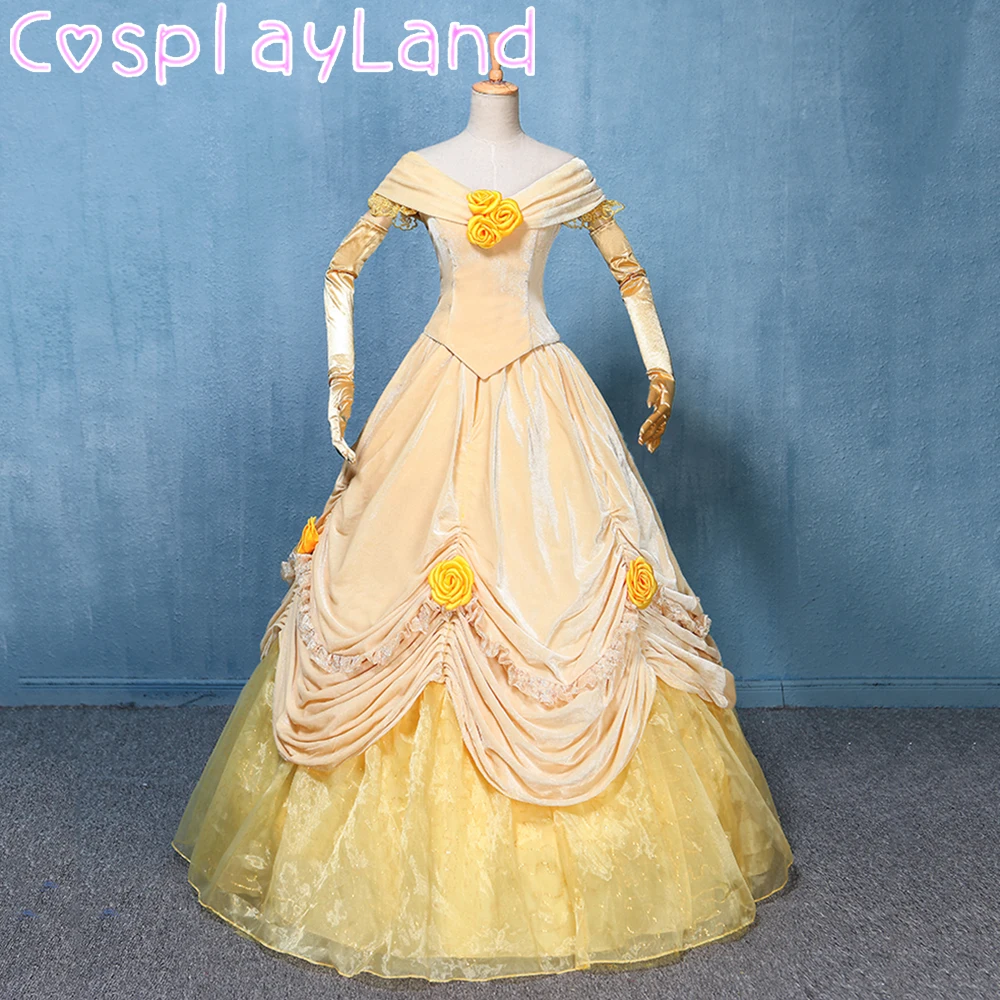 Princess Dress Adult Women Cosplay Costume Ball Gown Halloween Party Yellow Dress Lace up With Petticoat Gloves