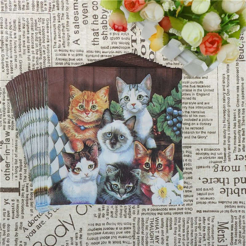 20Pcs/Bag Napkins Paper Cats Decoupage Napkin Paper Tissue for Xmas Wedding Decor Party Table Supplies Wholesale