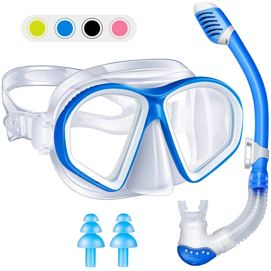 

Professional Swimming Gear Youth Kid Snorkel Set Dry Top Diving Mask Anti-Leak Impact Resistant Panoramic Tempered Glass Earplug