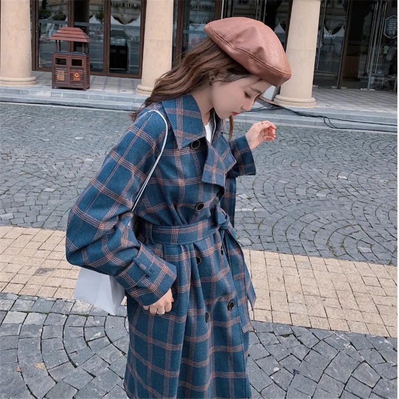 

Plaid Windbreaker For Women 2022 New Spring Autumn Korean Loose Slim Belt Over The Knee Trench Coat Overcoat Blue W2194