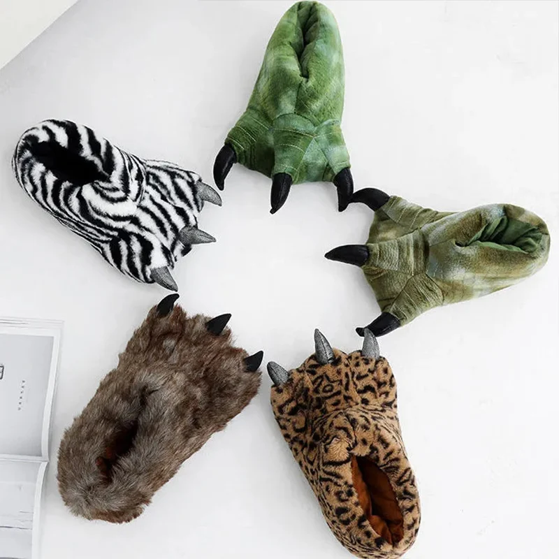 Furry Animals Claw Slippers Unisex Warm Home Slippers Winter Indoor Women Men Couple Cotton Shoes Chunky Bigfoot Shoes 35-43